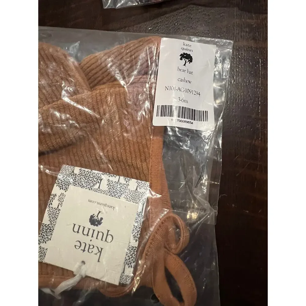 NWT Kate Quinn Cashew Rust Orange Bear Ear Corduroy Organic Cotton Hat 3-6m